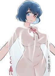 1girls big_breasts blue_eyes blue_hair blush breasts dress frogsnake heterochromia huge_breasts kogasa_tatara large_breasts naked nude red_eyes see-through see-through_clothing short_hair solo solo_female solo_focus touhou