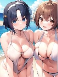 2girls ai_generated beach big_breasts bikini blue_eyes brown_eyes brown_hair chinatsu_(swing_out_sisters) chiyo_(swing_out_sisters) eye_contact hentai looking_at_viewer ocean sisters smile smiling_at_viewer sunny_day swing_out_sisters white_bikini