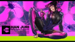 1girls 3840x2160 4k black_hair bodysuit capcom eyepatch female female_only fully_clothed juri_han looking_at_viewer official_art painted_nails painted_toenails skin_tight solo spider street_fighter street_fighter_6 tagme text