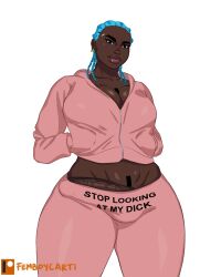 1futa 2022 big_breasts big_penis blue_hair breasts bulge cleavage clothed clothing dark-skinned_futanari dark_skin erection femboycarti futa_only futanari human mostly_clothed original_character penis penis_peek short_hair solo standing text_on_clothing thick_thighs wide_hips