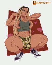 1futa 2022 2d 2d_(artwork) abs areolae artist_name big_breasts big_penis blonde_futa blonde_hair blonde_hair_futa body_armor box_braids braid braided_hair breasts brown_eyes bulge bulge_through_clothing bursting_breasts camo_bottomwear camo_shoes camouflage clothed clothing dark-skinned_futanari dark_eyes dark_skin digital_drawing_(artwork) digital_media_(artwork) dreadlocks femboycarti flaccid freckled_face freckles_on_face futa_only futanari human light_brown_skin long_hair looking_at_viewer midriff mostly_nude munroe_(youngcloudyj) muscular muscular_futanari muscular_thighs navel nipples nose_piercing original_character penis plate_carrier simple_background solo solo_futa spread_legs squatting tattoo tattoo_on_arm thick_thighs thunder_thighs two_tone_hair very_long_hair waist_length_hair white_background