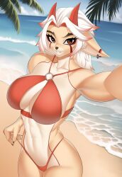 1girls 2023 absurd_res animal_ears anthro anthrofied arataki_itto beach big_breasts bikini bikini_bottom_pull bikini_pull cervid cervine commission female female_only fit fit_female genshin_impact highlights_(coloring) horns long_hair looking_at_viewer o-ring o-ring_bikini red_eyes red_highlights rule_63 seaside selfie smiling smiling_at_viewer solo weelzelu white_hair