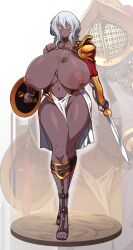 1girls 2023 absurd_res areolae arm_armor armor asymmetrical_armor blush branded breasts collar dark-skinned_female dark_skin feet female female_only full_body gigantic_breasts gladiator gladiator_sandals gladiatrix gladius hair_between_eyes helmet highres holding_shield holding_sword holding_weapon konoshige_(ryuun) large_areolae loincloth navel nipples original pauldrons revealing_clothes ryuun_(stiil) sand sandals shield silver_hair single_pauldron slave slave_gladiatrix_(konoshige) solo standing sword toes unconvincing_armor weapon yellow_eyes zoom_layer