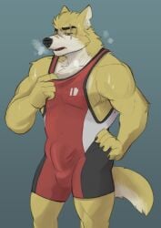 anthro athletic_wear bodily_fluids bottomwear bulge canid canine canis clothed clothing cooper_krager digital_media_(artwork) erection_under_clothes exercise eye_scar facial_scar fur gym_bottomwear gym_clothing gym_shorts hi_res horrorbuns male mammal muscular muscular_anthro muscular_male pecs penis_outline remember_the_flowers scar shirt shorts simple_background solo sweat tank_top tight_clothing topwear wolf workout workout_clothing yellow_body yellow_fur