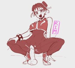 blush capcom chun-li dildo miryumiya_(artist) ripped_pants squatting street_fighter street_fighter_alpha sweat vagina