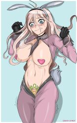 1girls big_breasts big_nipples blue_eyes blush bunny_costume bunny_ears bunny_girl bunny_tail bunnysuit covered_nipples covered_pussy danganronpa danganronpa_v3 embarrassed enjayhey iruma_miu long_hair pasties reverse_bunnysuit solo solo_female solo_focus straight_hair tie unkempt_hair