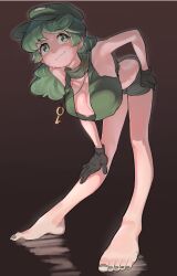 1girls areola areolae big_breasts blush breasts cap frogsnake gloves green_eyes green_hair large_breasts long_hair nipples painted_nails painted_toenails short_shorts shorts solo solo_female solo_focus takane_yamashiro tank_top touhou