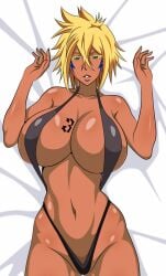 1girls 2023 belly big_breasts black_bikini bleach blonde_hair breast_tattoo breasts dark-skinned_female dark_skin face_markings female_focus female_only green_eyes hands_up laying_down laying_on_bed looking_at_viewer navel short_hair sling_bikini solo solo_female solo_focus thigh_gap thighs tia_harribel toned toned_female yxyyxy