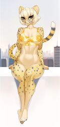 1girls 2023 absurd_res anthro blonde_hair cheetah commission countershading felid feline female female_only fur furry furry_only looking_at_viewer medium_hair pantherine purple_eyes sitting smiling smiling_at_viewer solo spotted_fur swimwear tail weelzelu yellow_fur