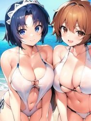 2girls ai_generated beach big_breasts bikini blue_eyes brown_eyes brown_hair chinatsu_(swing_out_sisters) chiyo_(swing_out_sisters) hentai ocean sisters smile smiling smiling_at_viewer sunny_day swing_out_sisters white_bikini