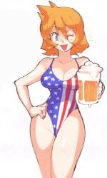 1girls alternate_costume american_flag american_flag_swimsuit bare_legs beer_mug bell_haircut breasts cosplay creatures_(company) cup curvy female game_freak hand_on_own_hip highleg highleg_swimsuit holding holding_cup inkerton-kun inkuusan kasumi_(pokemon) large_breasts looking_at_viewer misty_(pokemon) mug nintendo one-piece_swimsuit one_eye_closed open_mouth orange_hair pokemon pokemon_(game) pokemon_hgss short_hair smile solo swimsuit united_states wide_hips