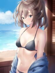 1girls bangs bare_shoulders beach bikini black_bikini blue_eyes blue_jacket blue_sky breasts british british_female brown_hair cloud collarbone cowboy_shot day eyebrows_visible_through_hair female hair_between_eyes hi_res highres hood hooded_jacket horizon indoors jacket kantai_collection kotou_yogen light-skinned_female light_skin long_hair looking_at_viewer messy_hair ocean off_shoulder open_clothes ponytail sea seaside sheffield_(kantai_collection) sky small_breasts solo solo_female swimsuit