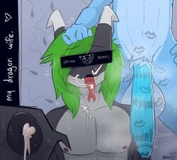 absurd_res aimpunch anthro anus azura_(aimpunch) balls big_balls big_penis black_body blue_body blue_fur bodily_fluids censor_bar censored_face cum cum_in_ass cum_in_mouth cum_inside cum_on_face dragon duo english_text fur gay genital_fluids genitals green_hair grey_body hair heart hi_res holding_head horn huge_cock kneeling male male/male mammal musk penis procyonid pubes raccoon sperm_cell sweat text tongue tongue_out