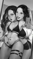 2girls beauty_mark ehryel female female_only hugging_from_behind mirror monochrome panties reaching_into_pants selfie underwear yuri