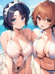 2girls ai_generated beach big_breasts blue_eyes brown_eyes brown_hair chinatsu_(swing_out_sisters) chiyo_(swing_out_sisters) hentai ocean sisters smile smiling smiling_at_viewer sunny_day swing_out_sisters white_bikini