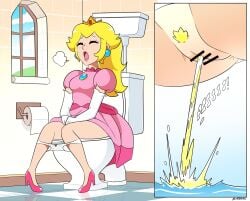 1girls 2koma bar_censor blonde_hair censor_bar censored clothing comic crown dangerking11 dress female female_only indoors long_hair mario_(series) open_mouth panties panty_pull peeing pink_dress ponytail princess_peach pubic_hair pussy relief sigh sitting solo tied_hair toilet toilet_use urine_stream vagina white_panties