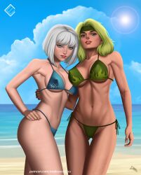 2girls beach beatriz_da_costa bikini blue_eyes dc evandromenezes fire_(dc) green_eyes green_fire green_hair ice_(dc) ice_maiden justice_league looking_at_viewer nipple_bulge platinum_blonde_hair tora_olafsdotter