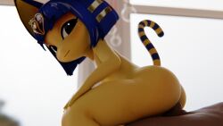 1boy 1girls 3d 3d_(artwork) 3d_model animal_crossing ankha ankha_(animal_crossing) ankha_(zy0n7) anthro bangs blue_hair blush cat cat_ears cat_tail dopyteskat doubutsu_no_mori female female_focus nairu_(doubutsu_no_mori) nintendo petite reverse_cowgirl_position sentones short_bangs short_hair yellow_body yellow_fur zy0n7