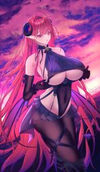 1girls azur_lane belly_button belly_button_visible_through_clothing black_gloves breasts eeyoosekedooaat_(eeyooaat) eyebrows_visible_through_hair female female_only gloves hindenburg_(azur_lane) horns huge_breasts iron_blood_(azur_lane) light-skinned_female light_skin looking_at_viewer outside red_eyes red_hair sky solo tail underboob underboob_cutout