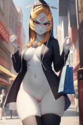 1girls ai_generated angry black_legwear breasts cape clothing exposed_breasts female female_only fluffy legwear midna nintendo public_nudity pussy ruptuorie shopping_bag small_breasts solo stockings the_legend_of_zelda twili_midna twilight_princess