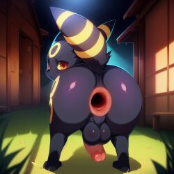 ai_generated black_fur damnblackfox feral from_behind gaping_anus looking_at_viewer looking_back male open_mouth pokemon pokemon_only presenting_anus solo stable_diffusion standing umbreon