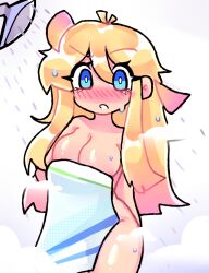 1girls artist_signature blue_eyes blush breasts cleavage long_hair looking_at_viewer naked_female nude_female roblox robloxian roxapox shower showering surprised tagme thighs towel_covering_breasts towel_covering_crotch