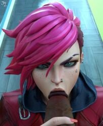 3d arcane arcane_vi black_penis blowjob dark-skinned_male eye_shadow freckles interracial jacket johntwo league_of_legends oral oral_sex orientation_play penis pierced_ears pierced_nose pink_hair pov red_nails tattoo text_tattoo vi