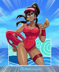 1girls abs armwear artist_signature athletic_female avatar_legends beach big_breasts black_hair blue_eyes busty cap cleavage clothing confident dark-skinned_female dark_skin datskelebutt female female_focus female_only fit fit_female grin hat headgear headwear human korra legwear life_preserver lifeguard looking_at_viewer mikeluckas neckwear one_piece_swimsuit rescue_buoy six_pack smug solo solo_female summer swimsuit swimwear the_avatar the_legend_of_korra thick_thighs tomboy toned_female water_tribe wet whistle whistle_around_neck