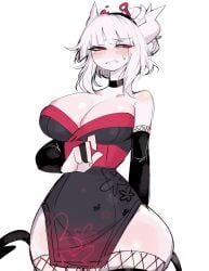 1girls big_breasts blush breasts choker cleavage eyebrows eyebrows_visible_through_hair female female_only helltaker horns large_breasts light-skinned_female light_skin looking_at_viewer lucifer_(helltaker) red_eyes solo solo_female solo_focus thick_thighs thighhighs thighs usa37107692 white_hair wide_hips