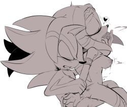 anthro armband breasts clothed clothing clothing_lift duo echidna eulipotyphlan female finger_in_mouth heart hedgehog hi_res male male/female mammal monotreme sega shadow_the_hedgehog shirt shirt_lift sitting_on_another sonic_(series) sonic_adventure sonic_the_hedgehog_(series) tenshigarden tikal_the_echidna topwear