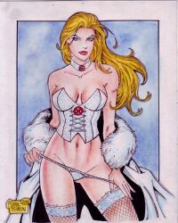 blonde_hair blue_eyes cape choker corset emma_frost hourglass_figure lingerie marvel marvel_comics navel panties pulling_down_panties pulling_panties rodel_martin white_queen x-men