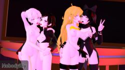 3d 4girls blake_belladonna clothing female female_only fingering french_kiss heart-shaped_pupils heart_eyes human kissing multiple_girls nobodyrly_(artist) pale_skin peace_sign ruby_rose rwby sfm team_rwby weiss_schnee yang_xiao_long yuri