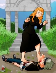 1boy 1girls arlioth asta_(black_clover) barefoot black_clover black_dress denki_anma dominant_female femdom foot_domination foot_lick foot_licking foot_worship footjob footjob_over_clothes mimosa_vermillion on_back outdoors outside simple_background stepped_on stepping_on_penis submissive_male trample trampling