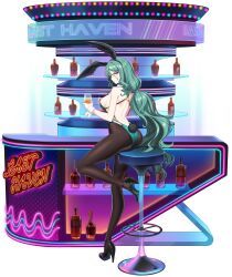 absurdres alcohol alpha_transparency alternate_costume animal_ears ass backless_outfit bare_shoulders bottle breasts chair counter:side cup fake_animal_ears female full_body green_hair high_heels highres holding holding_cup leotard long_hair official_alternate_costume official_art pantyhose playboy_bunny rabbit_ears rabbit_tail rita_arsenico sideboob tachi-e tail transparent_background yellow_eyes