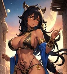 1girls ai_generated ai_hands big_breasts cat_ears female_only moon moonlight tribal_clothing tribal_jewelry tribal_tattoo