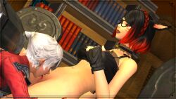 3d 3d_(artwork) 3d_model alisaie_leveilleur avatar_(ff14) big_breasts black_hair cat_ears cat_outfit cat_tail catgirl female final_fantasy_xiv glasses gloves licking licking_pussy miqo'te nekomimi original_character red_eyes red_hair self_upload shaika_row white_hair yuri