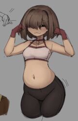 :3 belly blank_background brown_hair chubby chubby_belly chubby_female closed_eyes collar flexing gloves grey_background mafu_kun21 movement_lines plain_background short_hair short_hair_female small_breast small_breasts tights