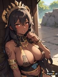 ai_generated big_breasts dark_hair dark_skin embarrassed red_eyes shy sunlight tribal_clothing tribal_jewelry