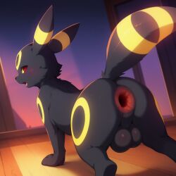 ai_generated black_fur damnblackfox feral from_behind gaping_anus looking_at_viewer looking_back male open_mouth pokemon pokemon_only presenting_anus shy solo stable_diffusion standing umbreon