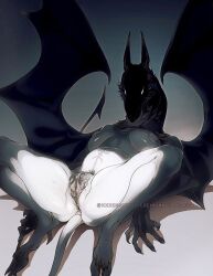 anthro anthro_only anus breasts claws clitoral_hood clitoris coeykuhn dragon female genitals glowing glowing_eyes horn lying nude nude_female on_back pubes pussy scalie solo spread_legs spreading toe_claws watermark wings xxxenokun