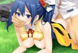 1boy 1boy1girl 1girls animated blue_eyes blue_hair breasts_out censored covering_another's_mouth covering_mouth doggy_style exposed_breasts female flower_in_hair from_behind from_behind_position gag gagged hand_gagged hand_over_another's_mouth hand_over_mouth handgag koihime†_(series) male mosaic_censoring nipples on_grass pixelated ponytail sengoku†koihime_online sengoku_koihime_x vaginal_penetration vaginal_sex