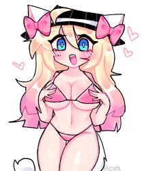 1girls artist_self-insert artist_signature big_breasts bikini blue_eyes blush breasts cat_ears cat_tail fedora female hat nekomimi open_mouth pale_skin pink_bikini roblox roblox_avatar roxa_(roxapox) roxapox smile suggestive tagme thighs