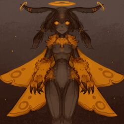 antennae_(anatomy) anthro arthropod arthropod_abdomen breasts brown_hair claws female front_view fur genitals hair insects looking_at_viewer nipples nude pussy solo standing syvaron wings yellow_body yellow_eyes yellow_fur