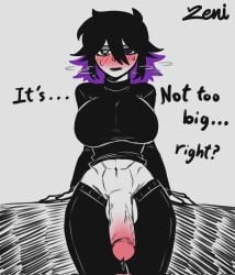 1futa 2022 2d abs balls bangs big_penis black_hair black_pants blush breasts clothed clothing dialogue english_text flaccid futa_only futanari hi_res human large_breasts large_penis leaking leaking_precum light-skinned_futanari light_skin long_sleeves mostly_clothed muscular muscular_futanari navel open_eyes open_mouth original pants penis precum precum_drip purple_hair question shaved_crotch shy solo solo_futa standing sweat sweatdrop sweating sweaty sweaty_face text thighs unusual_pupils veiny_penis zeni_(zenikitsu) zenikitsu