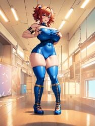 ai_generated blue_clothing blue_eyes breasts high_heel_boots huge_breasts orange_hair thick thick_thighs thigh_clothes twintails