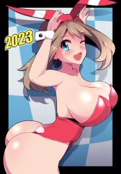 armpits ass big_ass blue_eyes breasts creatures_(company) female game_freak halubato harubato highres large_breasts leotard may_(pokemon) may_(pokemon_oras) nintendo one_eye_closed playboy_bunny pokemon pokemon_(game) rabbit_ears solo