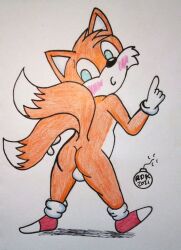 anthro ass balls exposed_torso footwear fox handwear mobian_(species) reddragonkan sonic_(series) sonic_the_hedgehog_(series) tails traditional_media