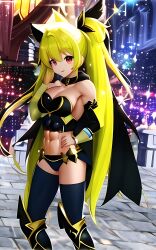 abs ai_generated ai_hands blonde_hair female midriff navel phantasy_star_online_2 red_eyes twintails