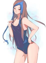 1boy armpits balls_bulge beach blue_hair blush braid brown_hair crossdressing dek erection erection_under_clothes femboy feminine_male highres human king_of_fighters long_hair_male looking_at_viewer male male_only multicolored_hair navel one-piece_swimsuit open_mouth pale-skinned_male penis_bulge penis_in_swimsuit red_eyes school_swimsuit see-through shion_(kof) small_balls small_penis snk solo standing sweat swimsuit thick_thighs trap very_long_hair wet