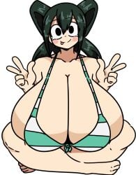 1girls asui_tsuyu big_breasts bikini bikini_top boku_no_hero_academia cleavage feet female green_hair huge_breasts inakotho large_breasts light-skinned_female light_skin looking_at_viewer my_hero_academia peace_sign solo solo_female solo_focus tsuyu_asui